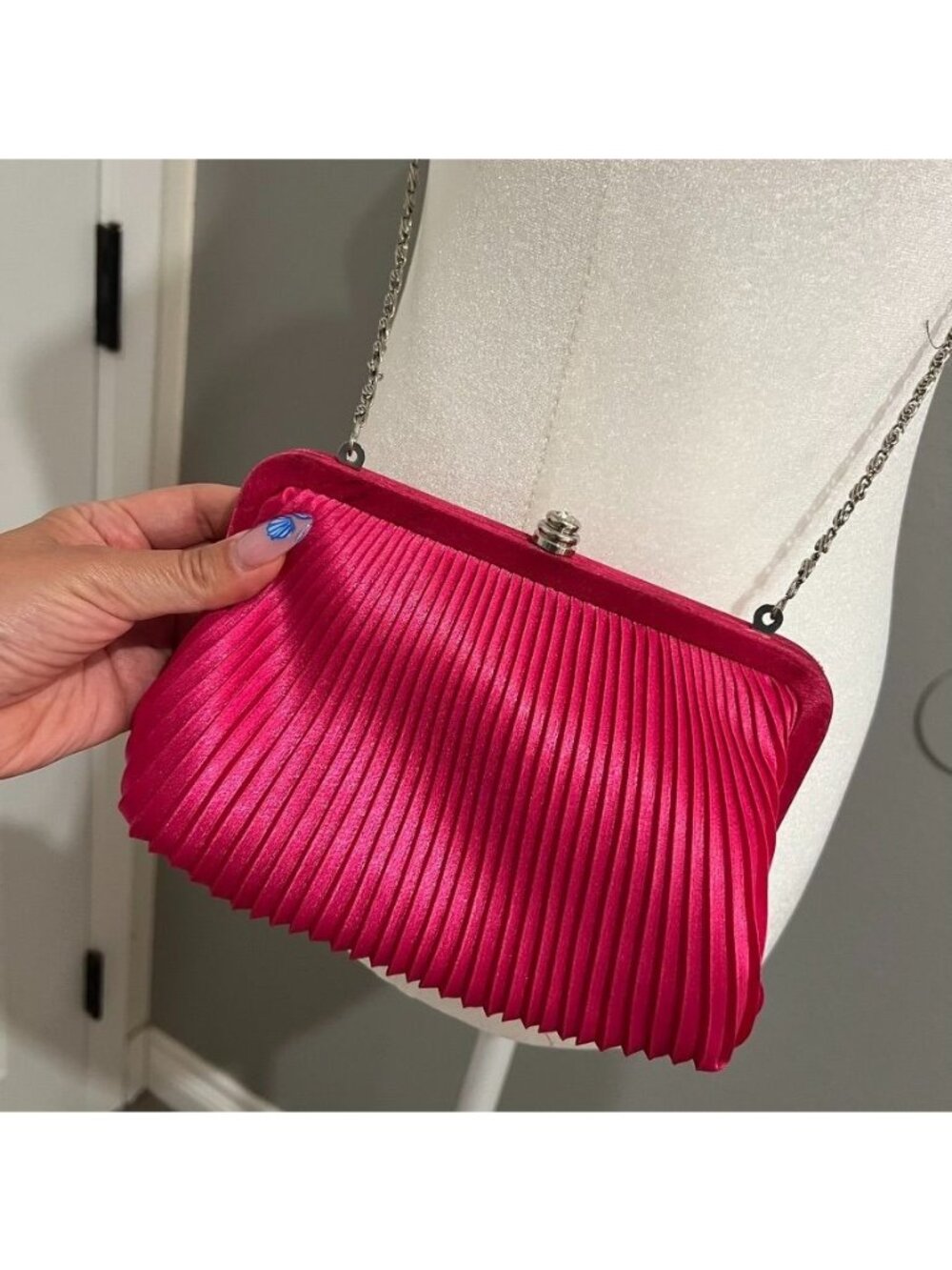 Vintage Pink Pleated Satin Crossbody Clutch Bag